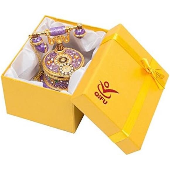 Hand Painted Enameled Telephone Decorative Hinged Jewelry Trinket Box Home Decor - Picture 2 of 6